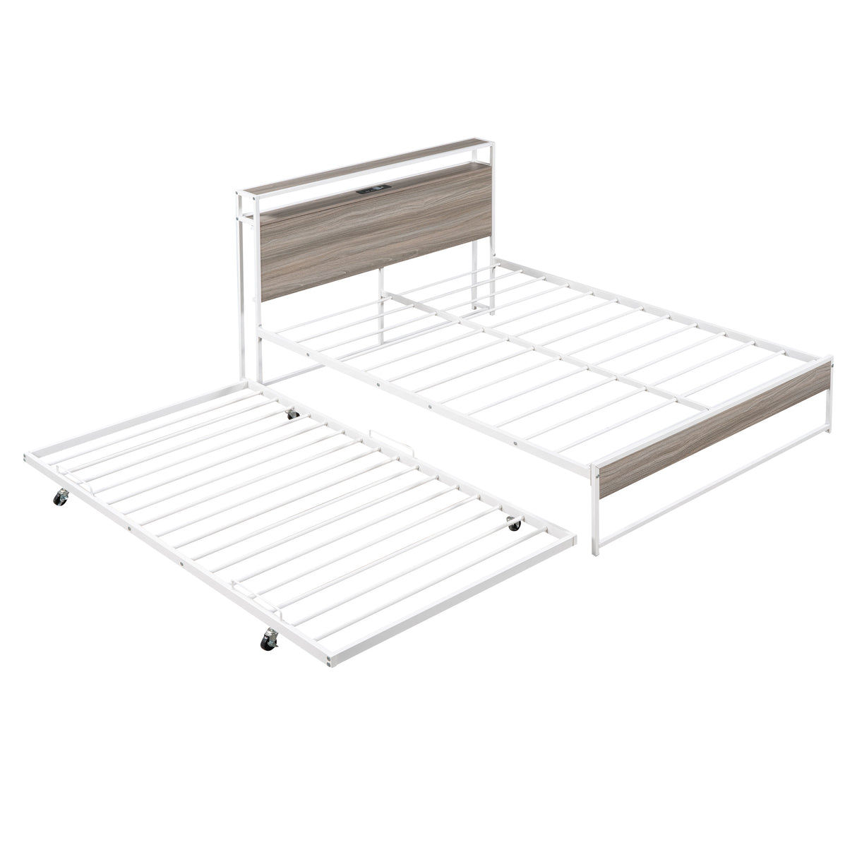 Full Size Metal Platform Bed Frame with Trundle, USB Ports and Slat Support No Box Spring Needed White - V.I.P Digital Presence