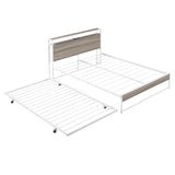 Full Size Metal Platform Bed Frame with Trundle, USB Ports and Slat Support No Box Spring Needed White - V.I.P Digital Presence