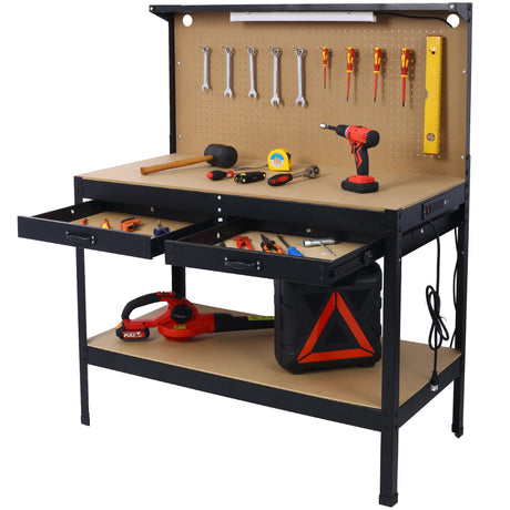 Steel Workbench Tool Storage Work Bench Workshop Tools Table W/Drawer and Peg Board ,4xAC outlets 2xUSB Ports - V.I.P Digital Presence