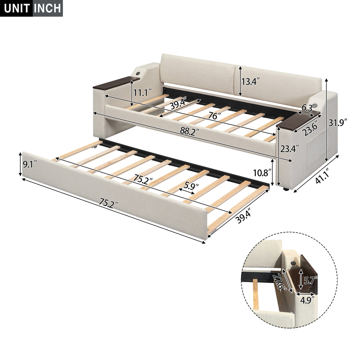 Twin Size Upholstery Daybed with Storage Arms  Trundle and USB Design Beige