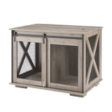 Farmhouse Dog Cage Crate Furniture with Sliding Barn Door, Farmhouse Wooden Dog Kennel End Table with Flip-top Plate Dog House - V.I.P Digital Presence