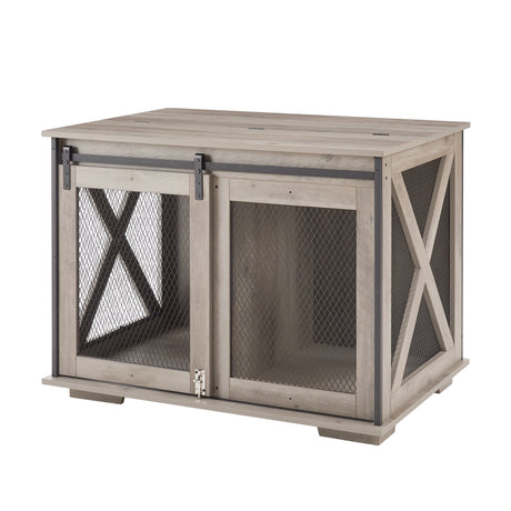 Farmhouse Dog Cage Crate Furniture with Sliding Barn Door, Farmhouse Wooden Dog Kennel End Table with Flip-top Plate Dog House - V.I.P Digital Presence