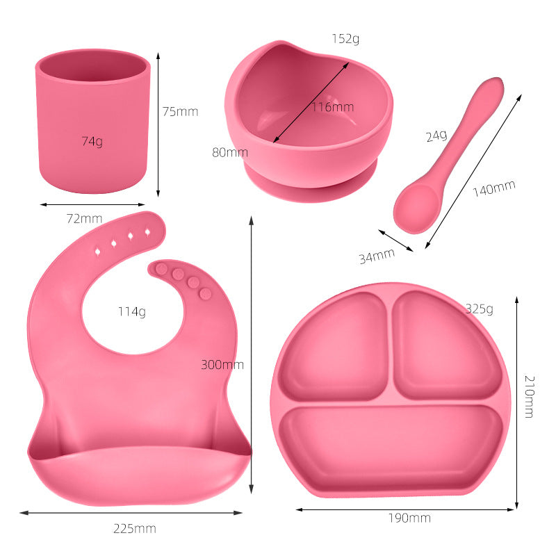 Juego de vajilla de silicona para niños, vajilla de alimentación complementaria para bebés, con bolsillo para saliva, ventosa, tazón, cuchara, plato de cena, babero, juego de 5 piezas