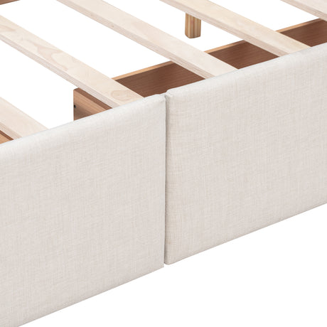 Upholstered Platform Bed with Classic Headboard and 4 Drawers No Box Spring Needed Linen Fabric Queen Size Beige - V.I.P Digital Presence