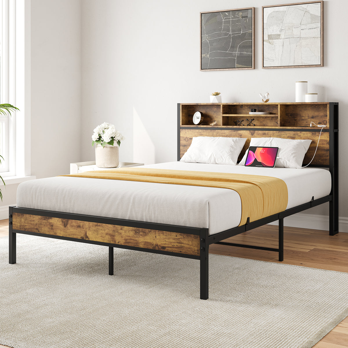 Full Size Bed Frame with Storage Headboard Metal Platform Bed with Charging Station Black - V.I.P Digital Presence