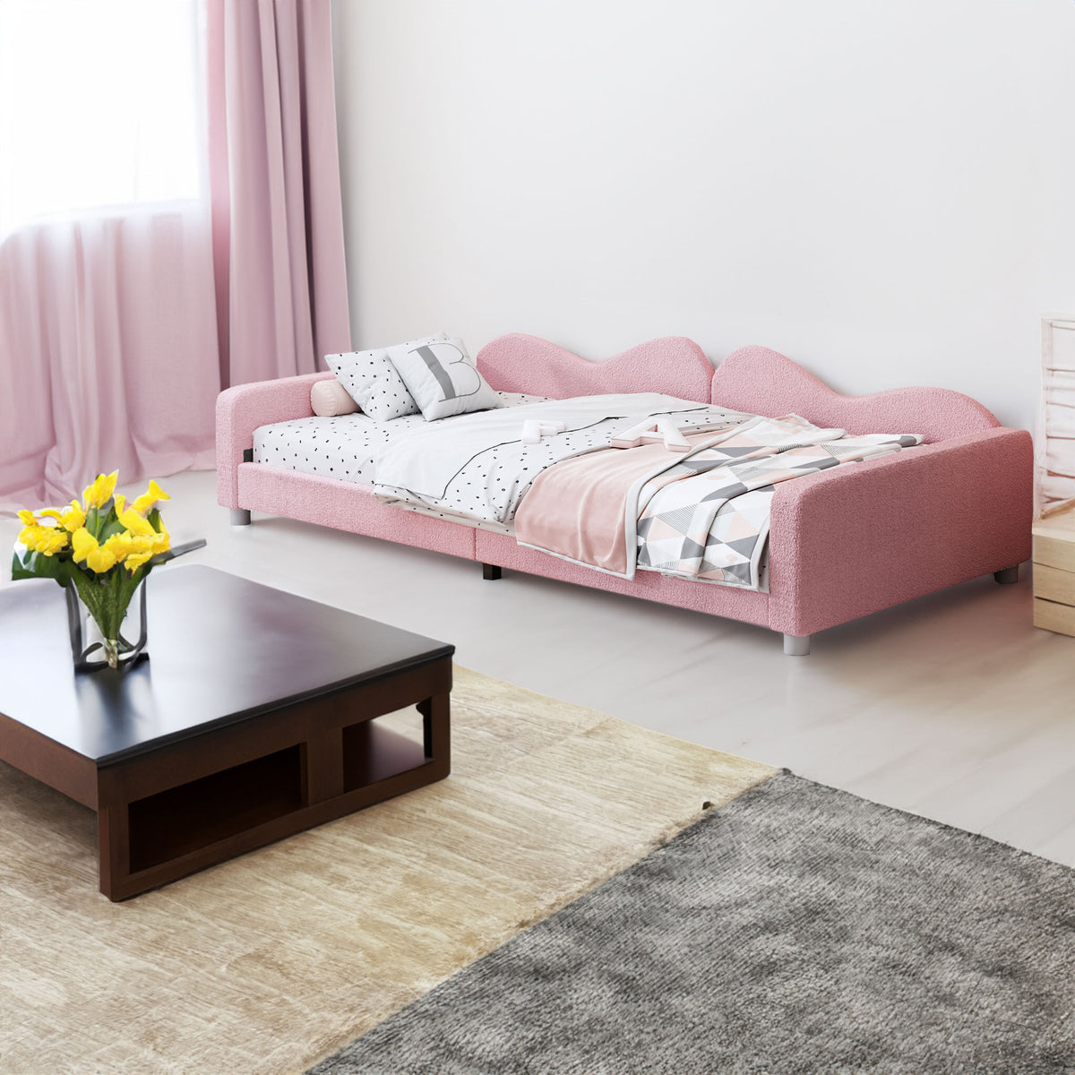 Twin size Upholstered Daybed, Sherpa Fabric Sofabed with Cloud-Shaped Backrest, No Box-spring Needed, Pink - V.I.P Digital Presence