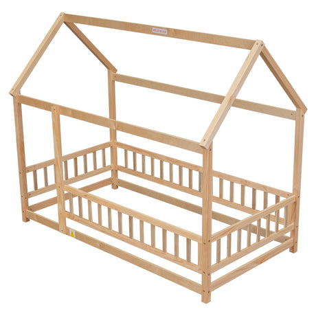 Twin Size Floor Wooden Bed with House Roof Frame, Fence Guardrails - V.I.P Digital Presence