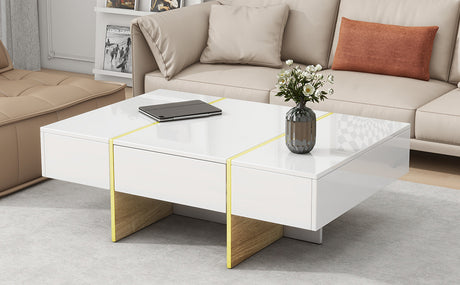 ON-TRANS 47.2 inch x 31.4 inch multifunctional rectangular sofa table with 2 drawers and gold wood grain leg center table, white - V.I.P Digital Presence