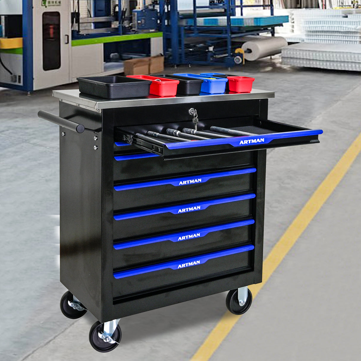 7 DRAWERS MULTIFUNCTIONAL TOOL CART WITH WHEELS-BLACK+BLUE - V.I.P Digital Presence