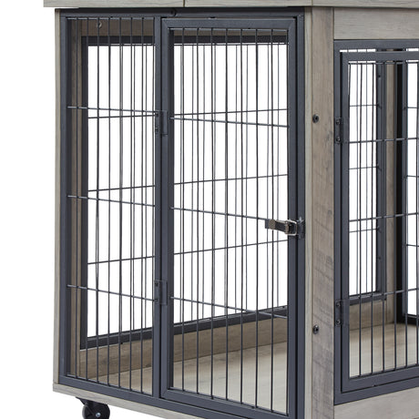 Furniture Dog Cage Crate with Double Doors on Casters. Grey, 31.50'' W x 22.05'' D x 24.8'' H. - V.I.P Digital Presence