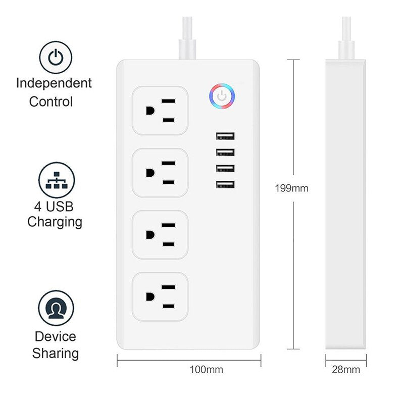 Regleta de enchufes inteligente, extensión con WiFi y múltiples tomas de corriente, 4 USB y 4 enchufes de CA con control individual de Tuya. 
