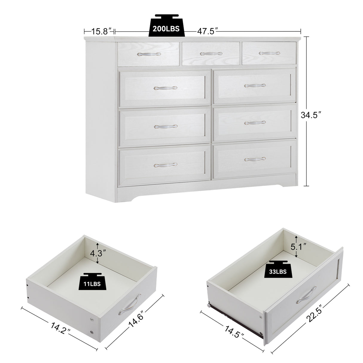 Bedroom dresser 9 drawer long dresser with antique handles wood chest of drawers for kids room 47.56''W x 15.75''D x 34.45''H