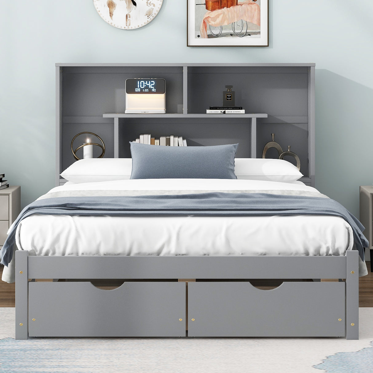 Full Size Platform Bed with Storage Headboard and 2 Drawers, Gray - V.I.P Digital Presence