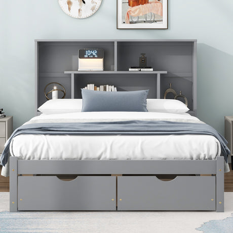 Full Size Platform Bed with Storage Headboard and 2 Drawers, Gray - V.I.P Digital Presence