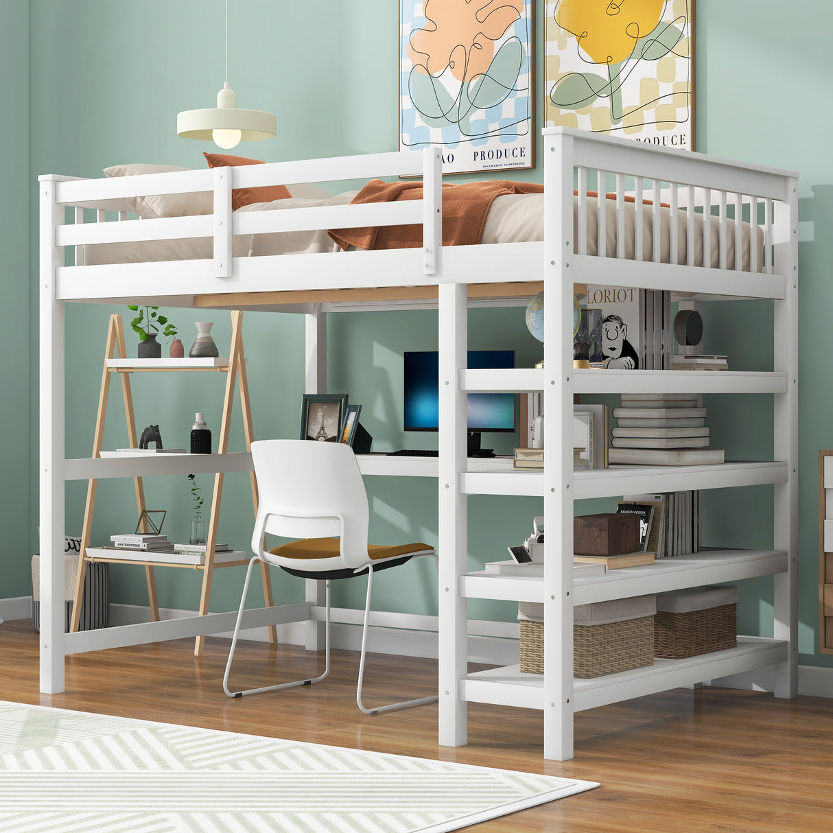 Full Size Loft Bed with Storage Shelves and Under-bed Desk  White