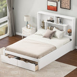 Full Size Platform Bed with Storage Headboard and 2 Drawers, White - V.I.P Digital Presence