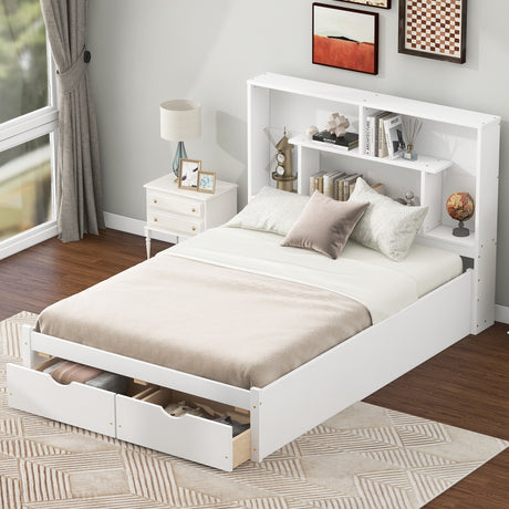 Full Size Platform Bed with Storage Headboard and 2 Drawers, White - V.I.P Digital Presence