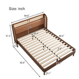Modern Cannage Rattan Wood Platform Queen Bed Walnut