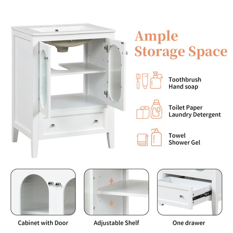 24" Bathroom Vanity with Sink, Bathroom Vanity Cabinet with One Drawer and Doors, Adjustable Shelf, Solid Wood and MDF, White - V.I.P Digital Presence
