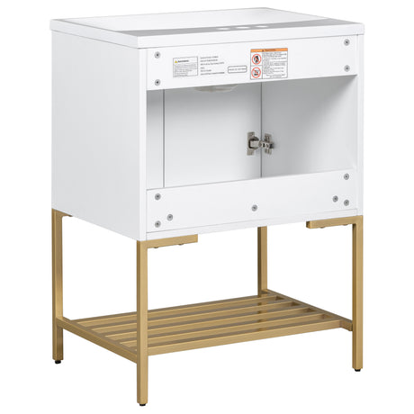 24" Bathroom Vanity with Sink, Bathroom Vanity Cabinet with Two Doors and Gold Metal Frame, Open Storage Shelf, White - V.I.P Digital Presence