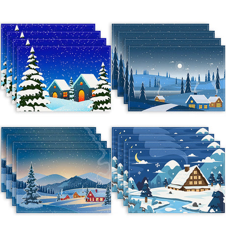 Christmas placemat white hemp Christmas scenery print home table mat living room dining table coaster - V.I.P Digital Presence