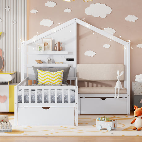 Twin Size House Bed with Upholstered Sofa, House Bed with Charging Station, Wireless Charging, Shelves and Two Drawers, White - V.I.P Digital Presence