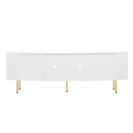 U-Can Modern TV Stand for TVs up to 80 Inches, Entertainment Center with 4 Cabinets, Wood with Metal Legs and Handles White - V.I.P Digital Presence