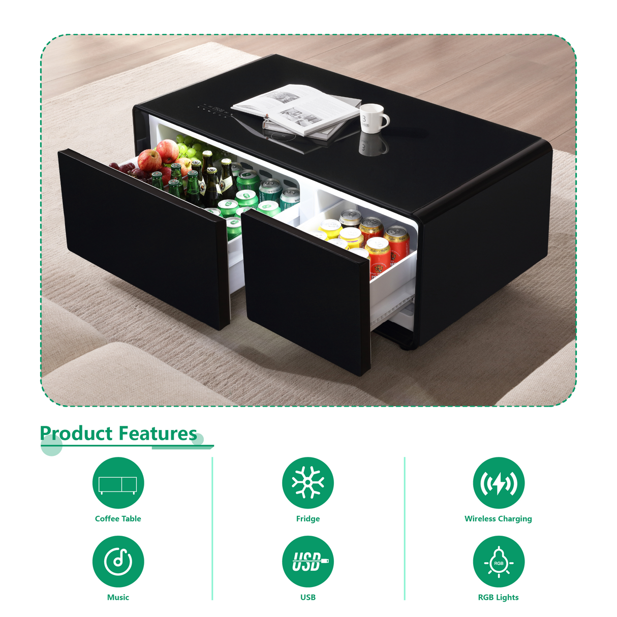 Modern Smart Coffee Table with Built-in Fridge, Bluetooth Speaker, Wireless Charging, Touch Control Panel, USB Interface Black - V.I.P Digital Presence