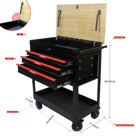 3 DRAWERS MULTIFUNCTIONAL TOOL CART WITH WHEELS AND WOODEN TOP - V.I.P Digital Presence