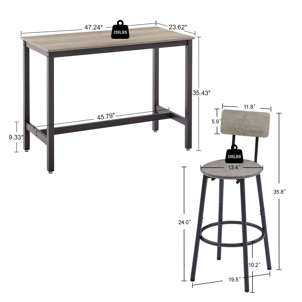 Bar Table Set with 4 Bar stools PU Soft seat with backrest Grey 47.24'' L x 23.62'' W x 35.43'' H - V.I.P Digital Presence