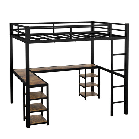 Full metal loft bed with desk and shelf, loft bed with ladder and guardrail, black with retro wood desk - V.I.P Digital Presence