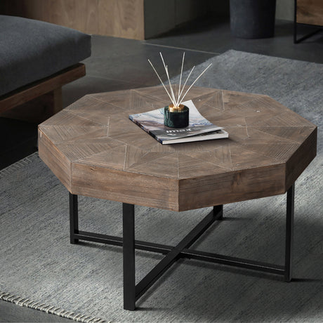 Wooden octagonal retro patchwork craft 30 inch wooden tabletop cross metal leg coffee table (antique brown) - V.I.P Digital Presence