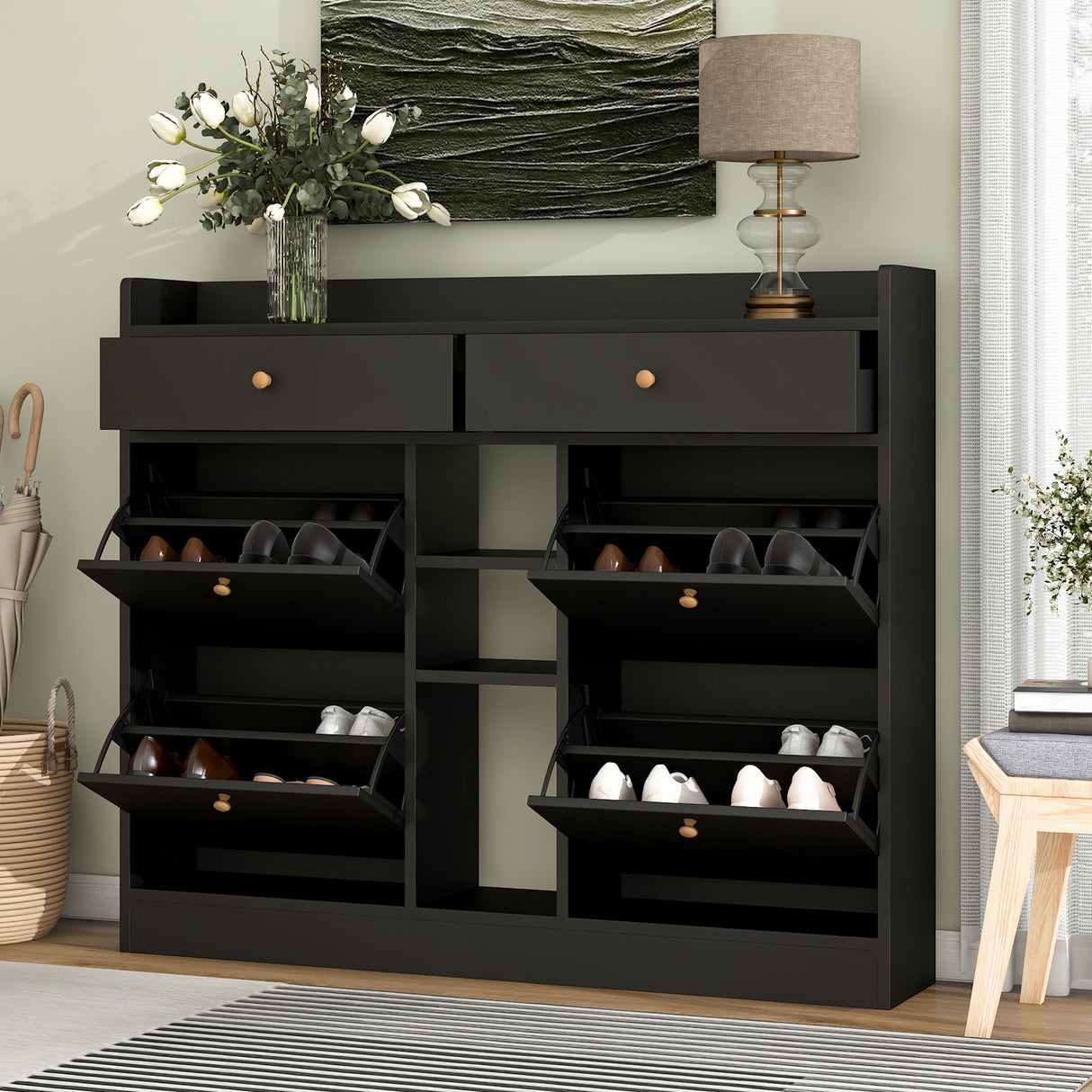 ONTREND modern shoe cabinet with 4 flipped drawers, multifunctional double-layer shoe storage with drawers, black. - V.I.P Digital Presence