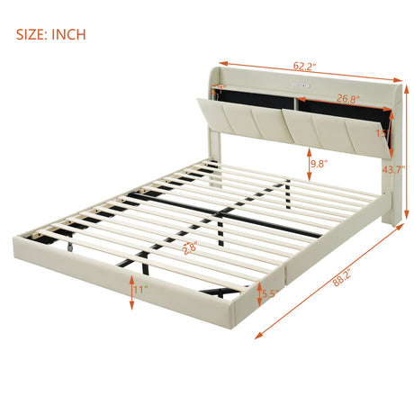 Large floating bed frame with storage headboard, touch sensor, night light and USB charger, padded platform bed, beige color - V.I.P Digital Presence