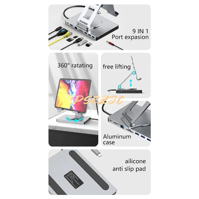 Concentrador/convertidor divisor USB 3.0 con puerto Gigabit Ethernet 4K/60 Hz, soporte giratorio de panel plano, estación de acoplamiento tipo C