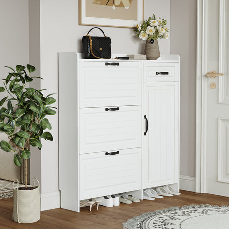 White color shoe cabinet with 4 doors 1 drawers,PVC door with shape ,large space for storage - V.I.P Digital Presence