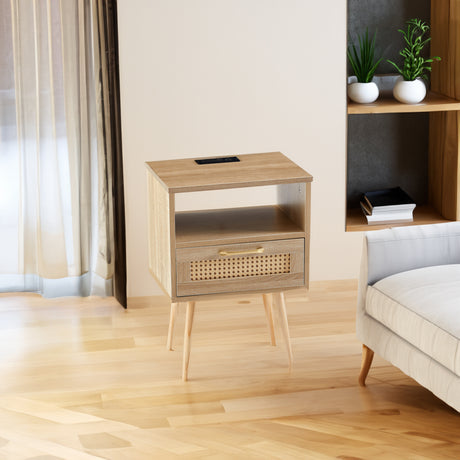 15.75" Rattan End table with Power Outlet & USB Ports  Modern nightstand with drawer and solid wood legs - V.I.P Digital Presence