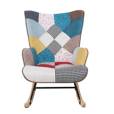 Rocking Chair with ottoman, Mid Century Fabric Rocker Chair with Wood Legs and Patchwork Linen for Livingroom Bedroom - V.I.P Digital Presence