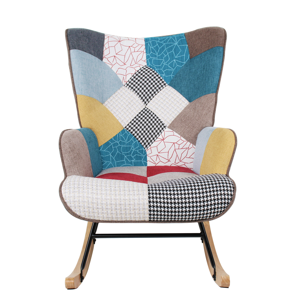 Rocking Chair with ottoman, Mid Century Fabric Rocker Chair with Wood Legs and Patchwork Linen for Livingroom Bedroom - V.I.P Digital Presence