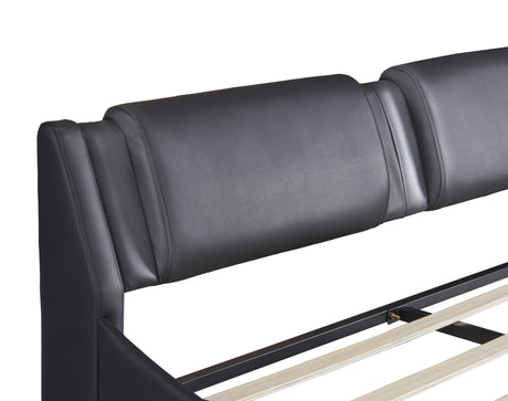 Queen Size Upholstered Faux Leather Platform Bed with LED Light Bed Frame with Slatted - Black - V.I.P Digital Presence