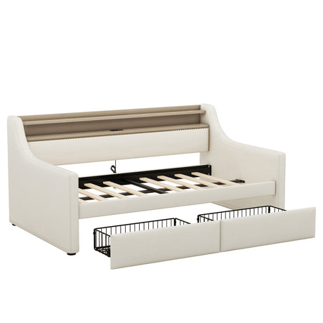 Twin Size Daybed with Storage Drawers, Upholstered Daybed with Charging Station and LED Lights, Beige - V.I.P Digital Presence