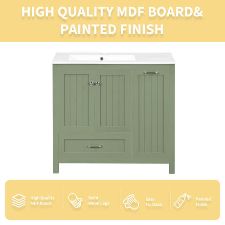 36 inch bathroom vanity with sink, one double door cabinet one large drawer and one flip drawer solid wood and MDF board, green - V.I.P Digital Presence