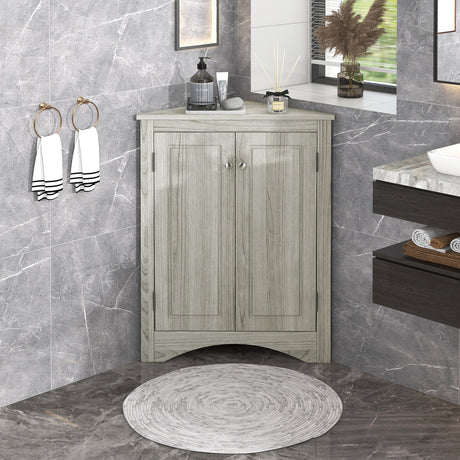 Oak Triangle Bathroom Storage Cabinet with Adjustable Shelves, Freestanding Floor Cabinet for Home Kitchen - V.I.P Digital Presence