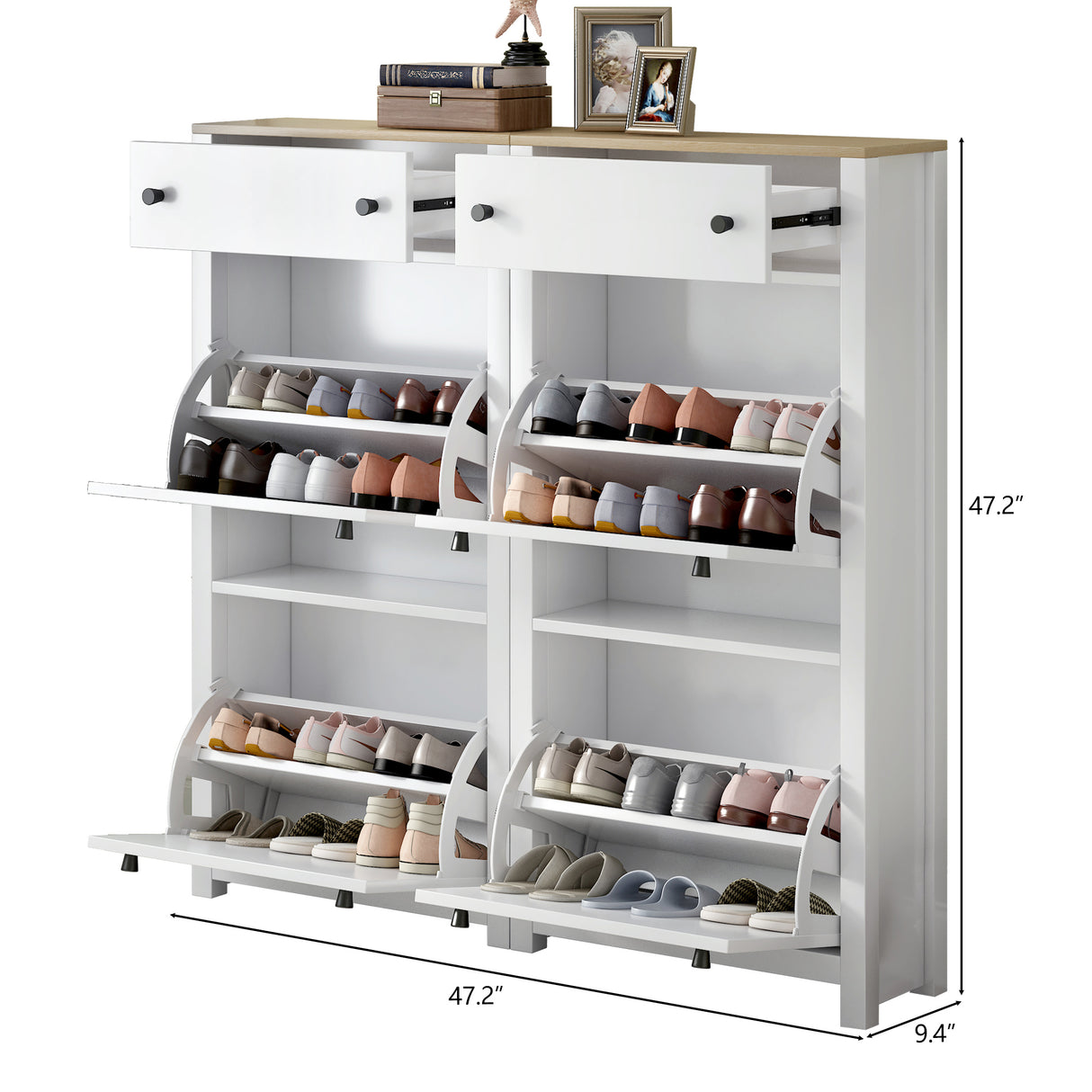 ONTREND ultra-thin shoe cabinet set with 4 flip drawers and adjustable panel top shoe rack, white - V.I.P Digital Presence