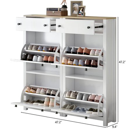 ONTREND ultra-thin shoe cabinet set with 4 flip drawers and adjustable panel top shoe rack, white - V.I.P Digital Presence