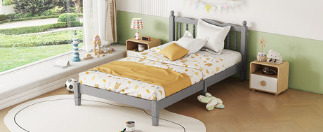 Twin Bed with Column-Decoration Headboard, with Bed Slats,Grey - V.I.P Digital Presence