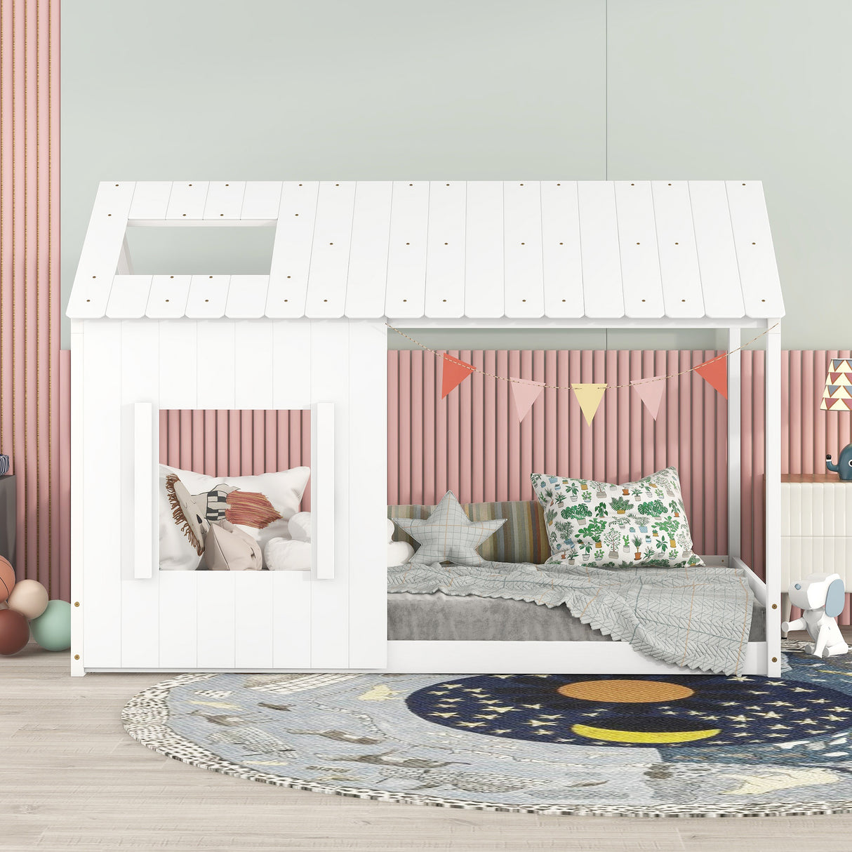 Twin Size House Bed with Roof and Window - White - V.I.P Digital Presence