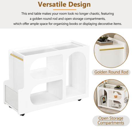 Stylish mobile desk with lockable wheels, white bedside table with 5mm thick grooved tempered glass and gold round bars - V.I.P Digital Presence