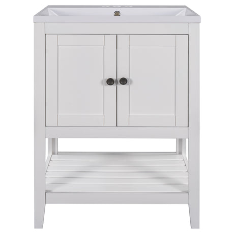 24" White Modern Sleek Bathroom Vanity Elegant Ceramic Sink with Solid Wood Frame Open Style Shelf - V.I.P Digital Presence