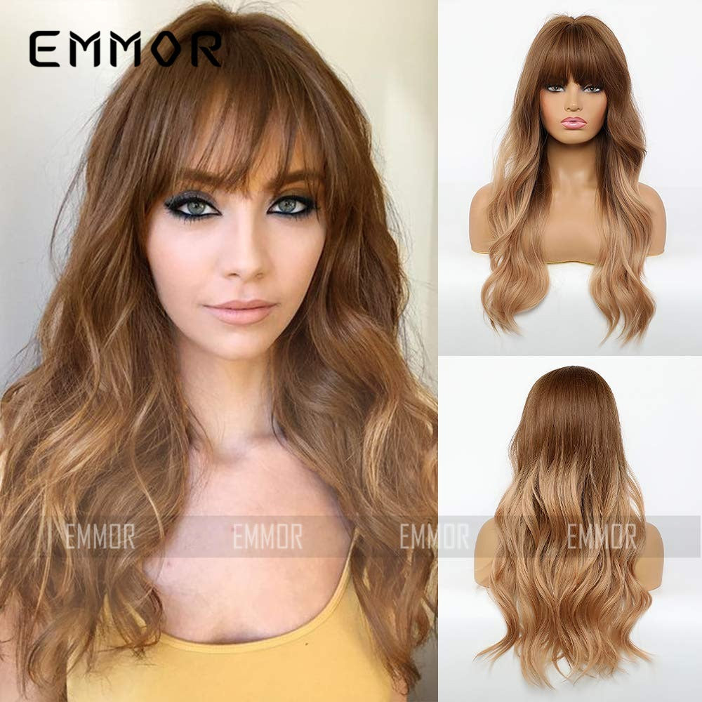 Black Brown Bangs Long Curly Hair Natural Full Head Set Chemical Fiber Wig Female Full Head - V.I.P Digital Presence
